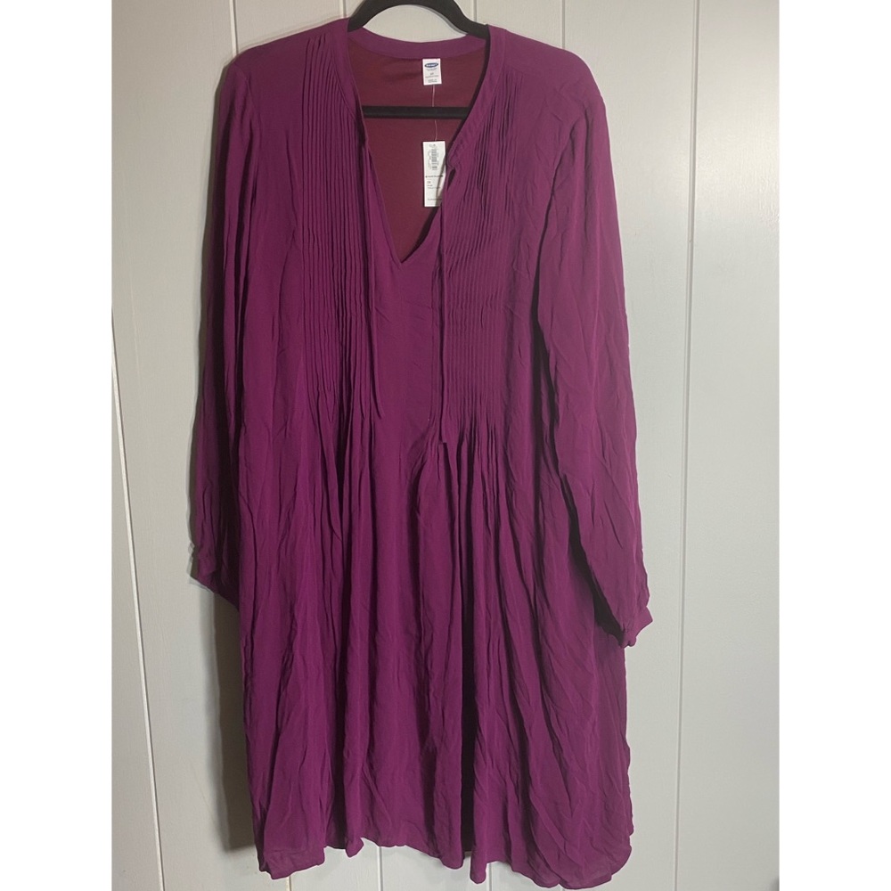 Pintuck Magenta  Long-sleeve Crepe Dress